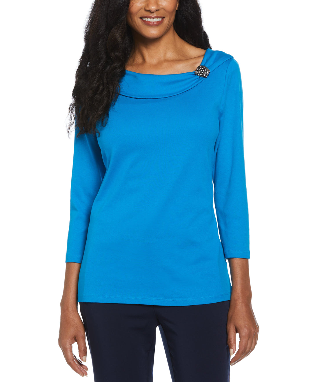 Ribbed Marilyn Neck Top with Decorative Brooch (Methyl Blue) 