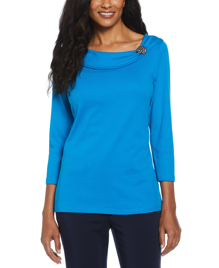 Ribbed Marilyn Neck Top with Decorative Brooch (Methyl Blue) 