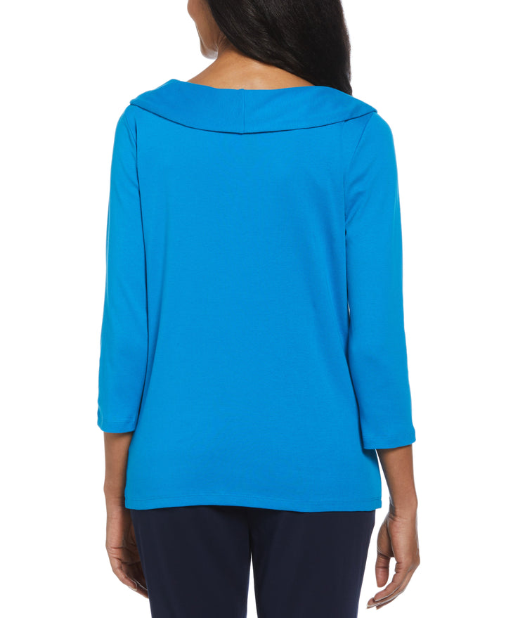 Ribbed Marilyn Neck Top with Decorative Brooch (Methyl Blue) 