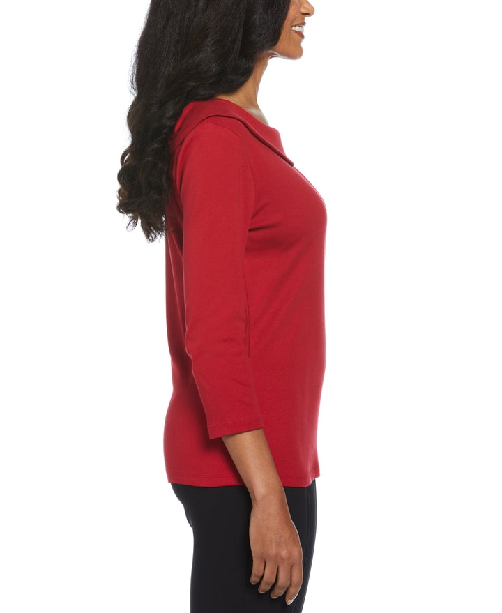 Ribbed Marilyn Neck Top with Decorative Brooch (Ruby) 