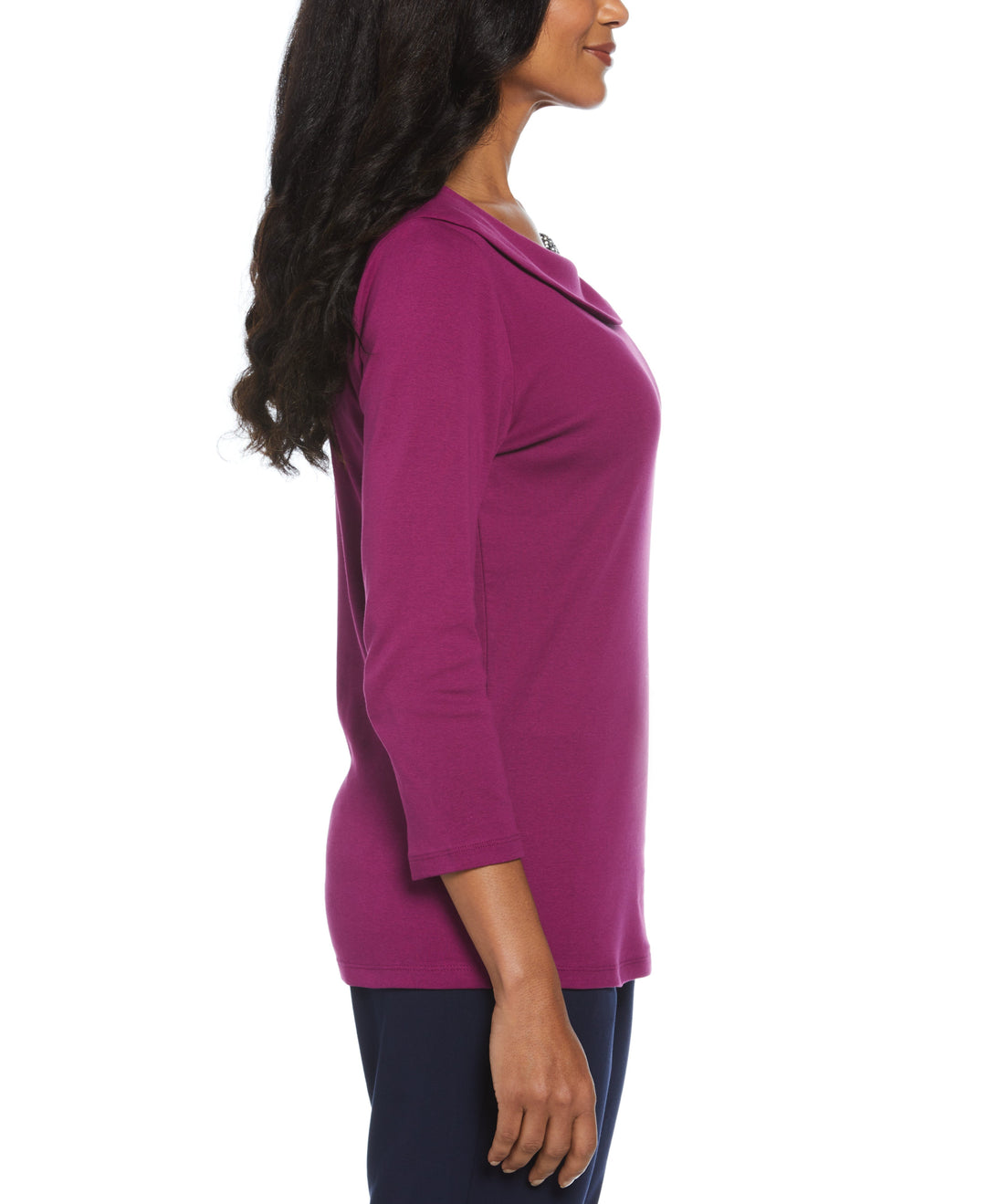 Ribbed Marilyn Neck Top with Decorative Brooch (Grinning Purple) 