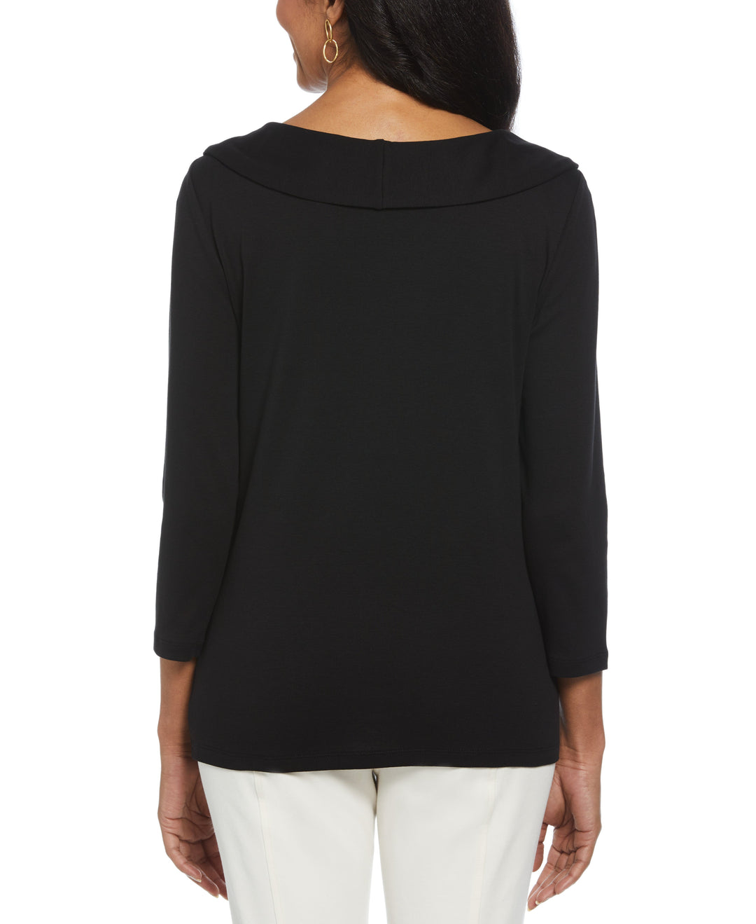 Ribbed Marilyn Neck Top with Decorative Brooch (Black) 