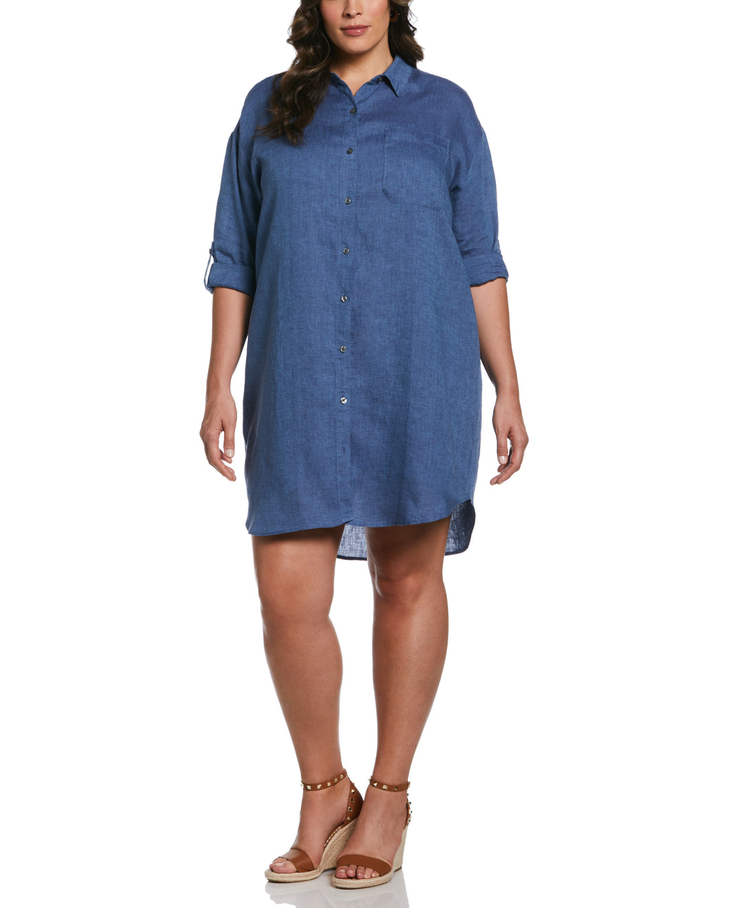 Roll Sleeve Linen Shirt Dress (Delft) 