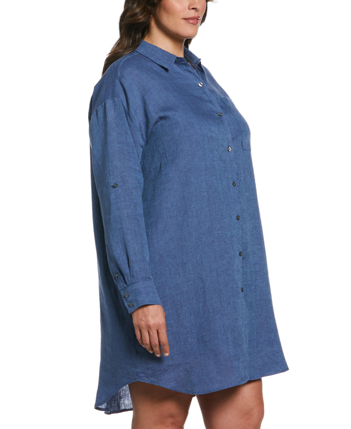 Roll Sleeve Linen Shirt Dress (Delft) 