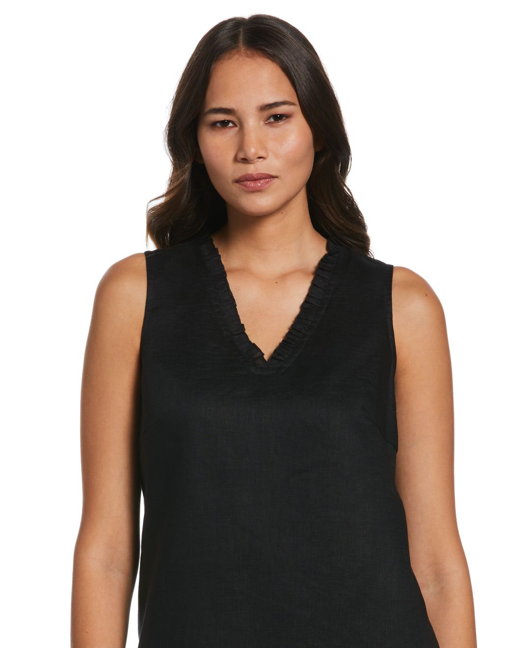 Ruffle Neck Linen Dress (Black) 