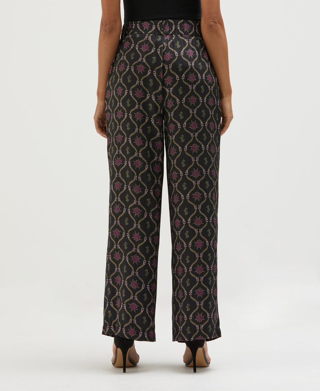 Trellis Print High Rise Wide Leg Pant (Black) 