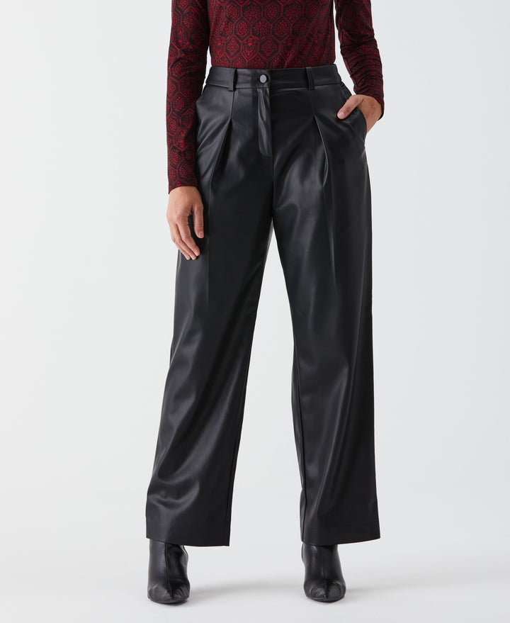 Vegan Leather Wide Leg Pleated Pant (Black) 