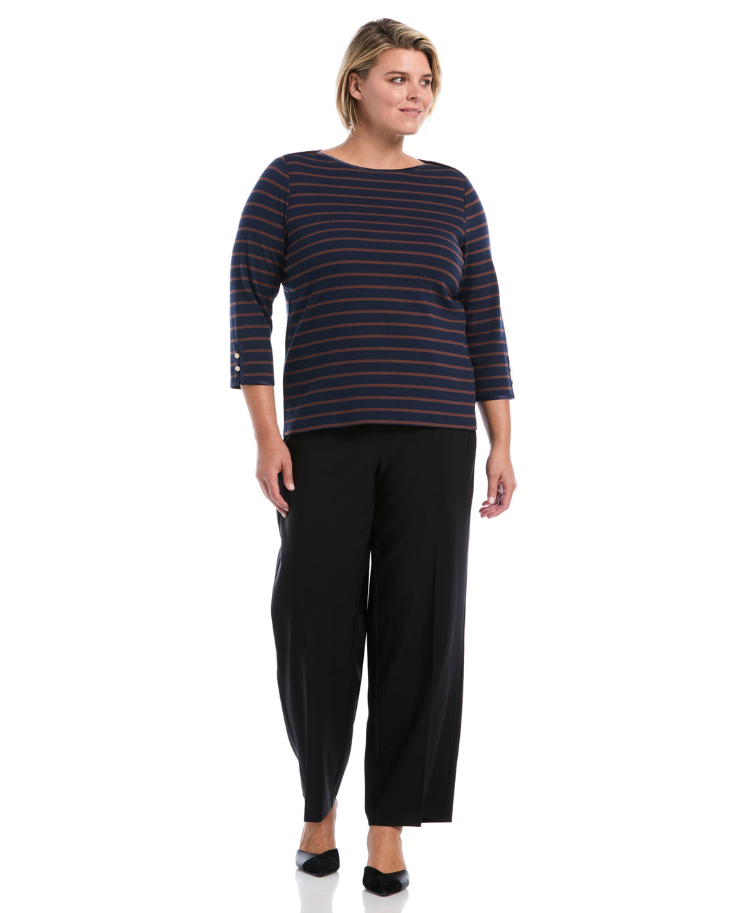 Plus Size Striped Button Detail Boat Neck Top (Black Iris) 