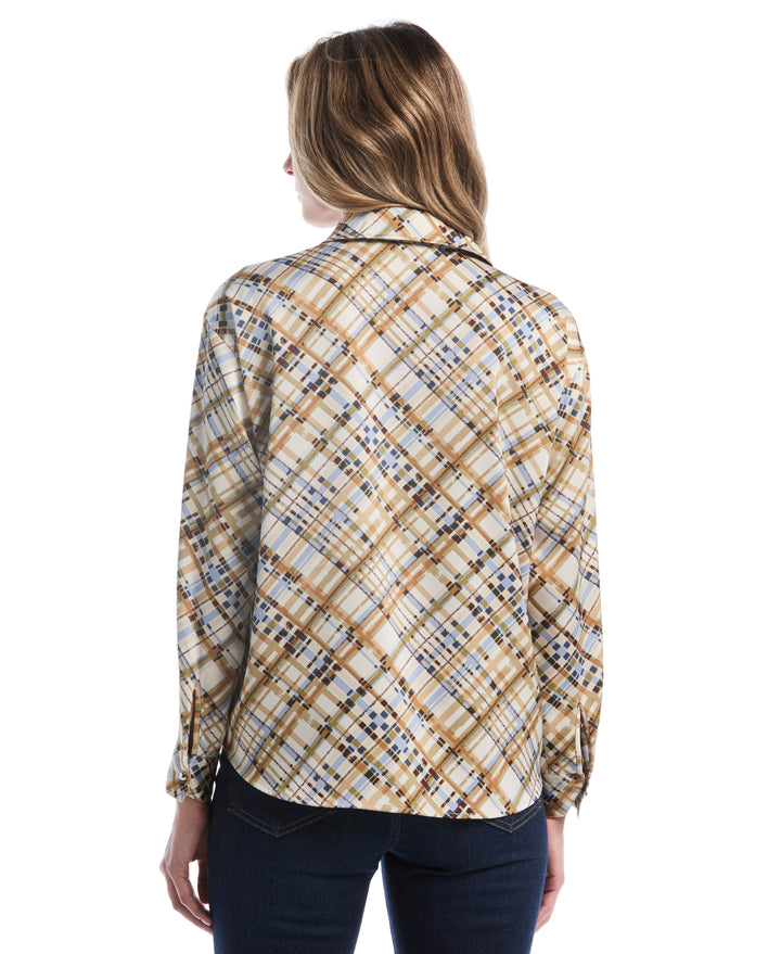 Plaid Print Drop Shoulder Novelty Button Blouse (Oatmeal) 