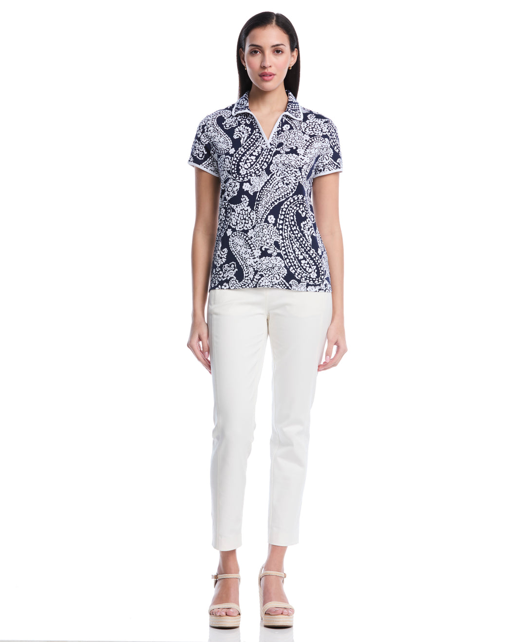 Petite Paisley Print Contrast Trim Johnny Collar Polo (Peacoat) 