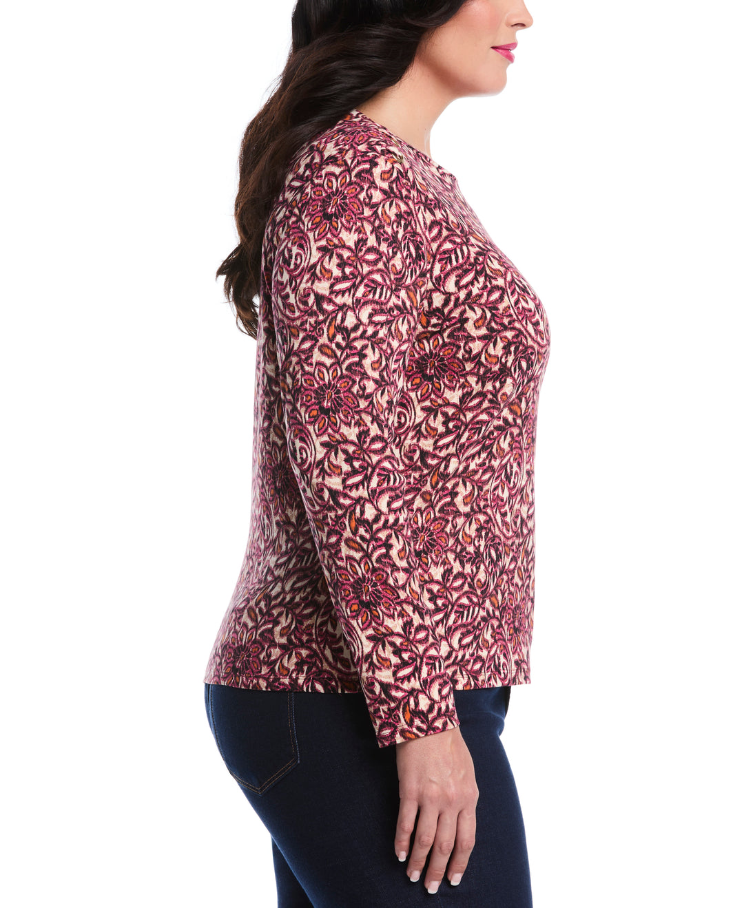 Plus Size Elegant Print Laced Crew Neck Top (Beetroot Purple) 