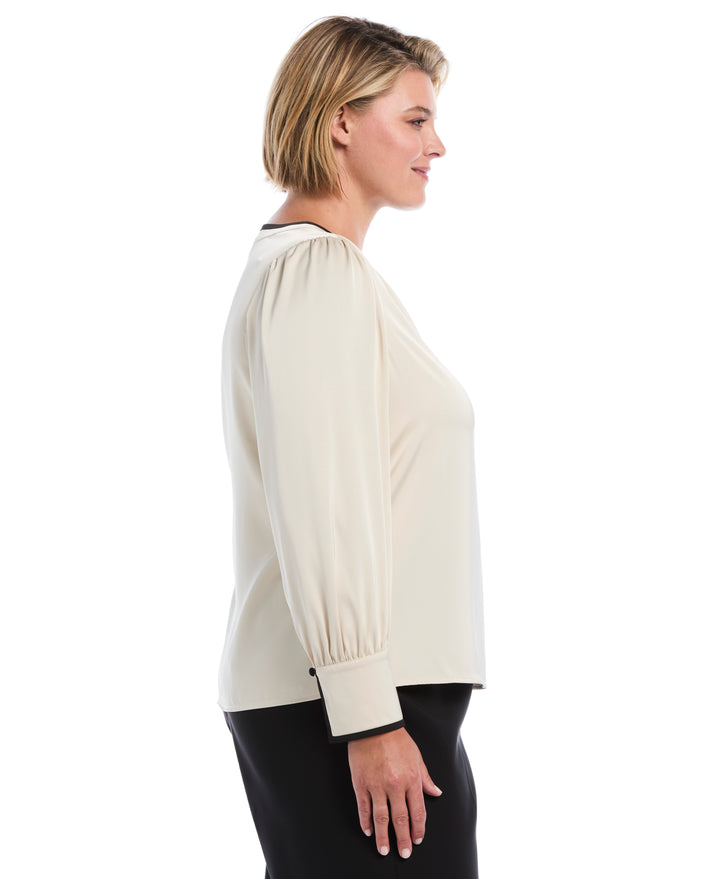 Plus Size Split Neck Contrast Trim Blouse (Oatmeal) 