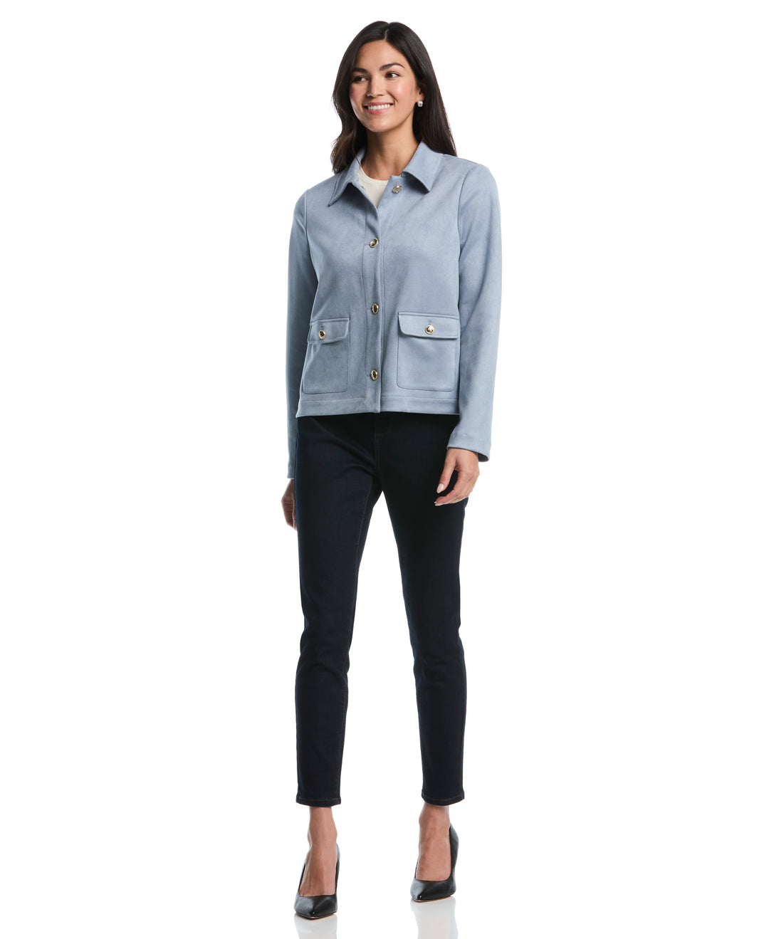 Petite Collarless Patch Pocket Scuba Suede Jacket (Blue Blizzard) 
