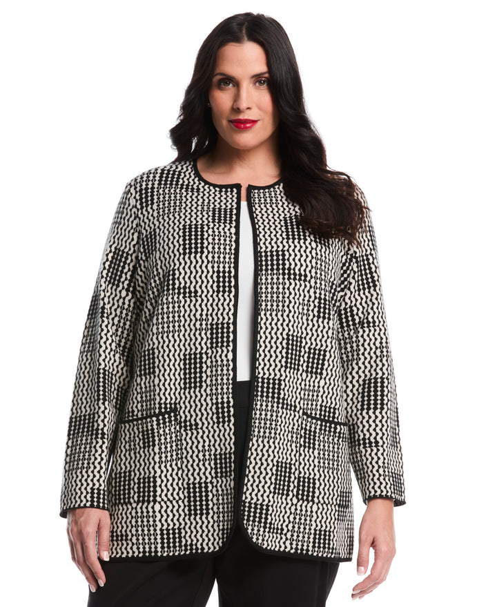 Plus Size Geo Patch Pocket Open Cardigan (Ecru) 