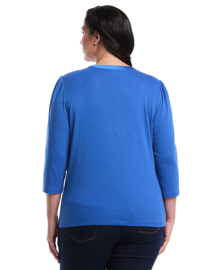 Plus Size 3/4 Puff Sleeve V-Neck Top (Nautical Blue) 