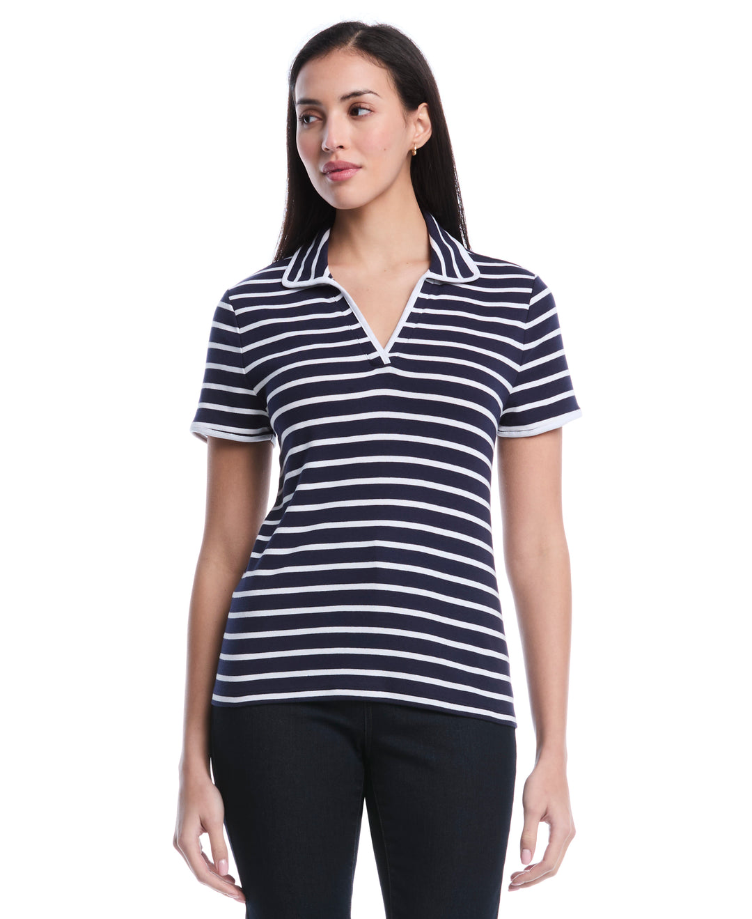 Petite Striped Contrast Trim Johnny Collar Polo (Peacoat) 