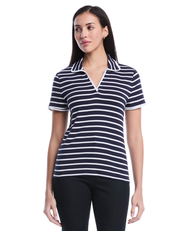 Petite Striped Contrast Trim Johnny Collar Polo (Peacoat) 