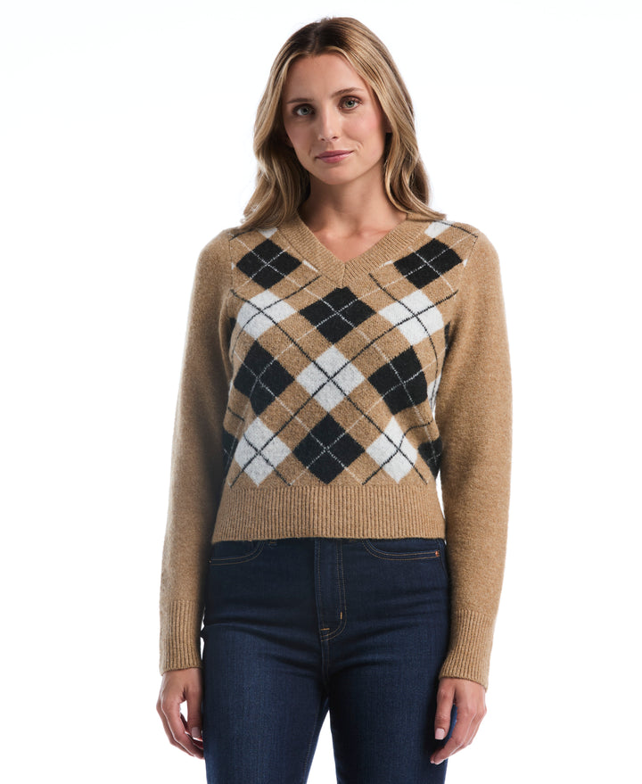 Petite Argyle V-Neck Sweater (Tobacco Brown) 