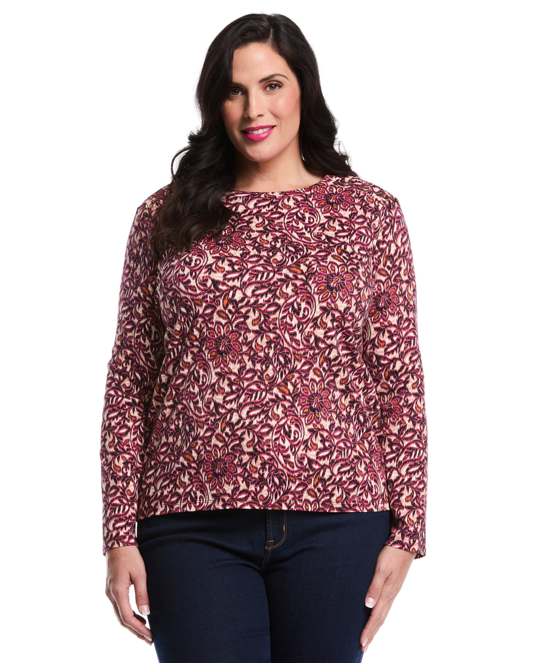 Plus Size Elegant Print Laced Crew Neck Top (Beetroot Purple) 