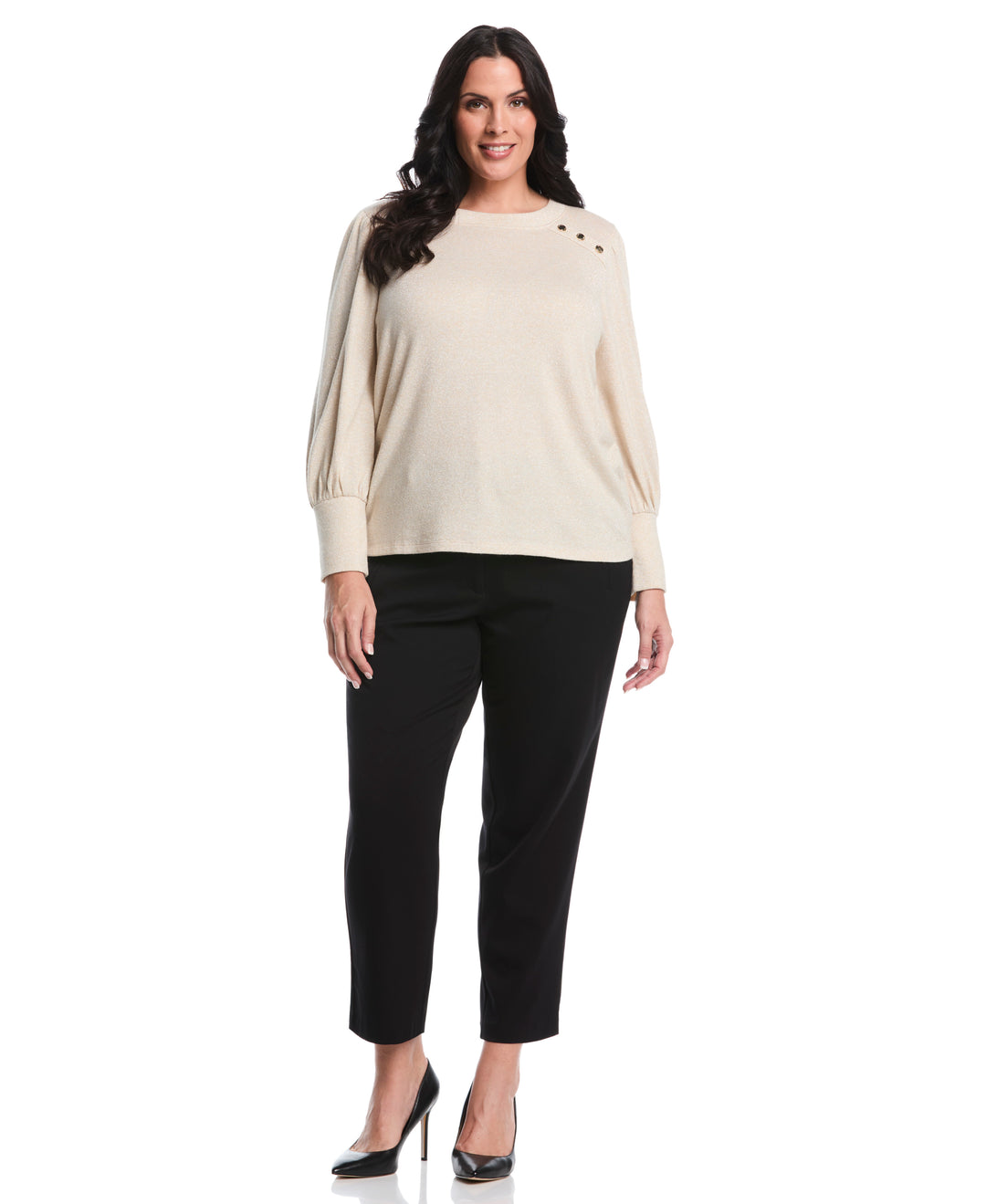 Plus Size Metallic Puff Sleeve Crew Neck Top (Wheat Heather) 