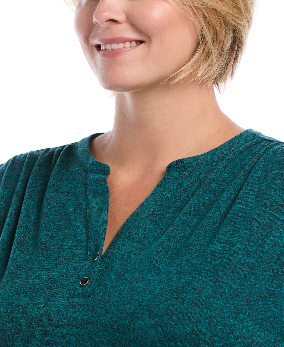 Plus Size Shirred Split Neck Top (Deep Teal) 