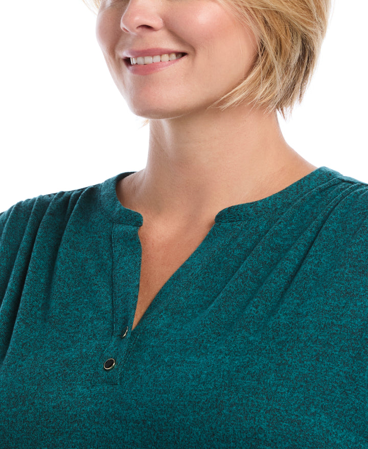 Plus Size Shirred Split Neck Top (Deep Teal) 