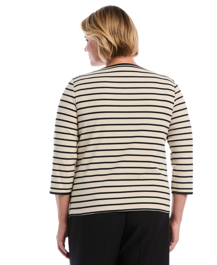 Plus Size Striped Button Detail Boat Neck Top (Oatmeal) 