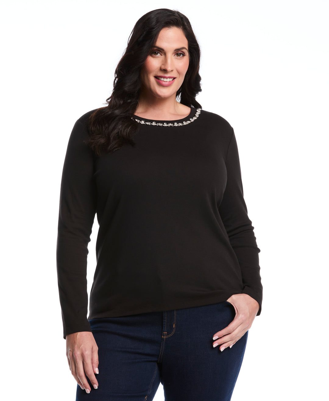 Plus Size Embellished Neck Top (Black) 