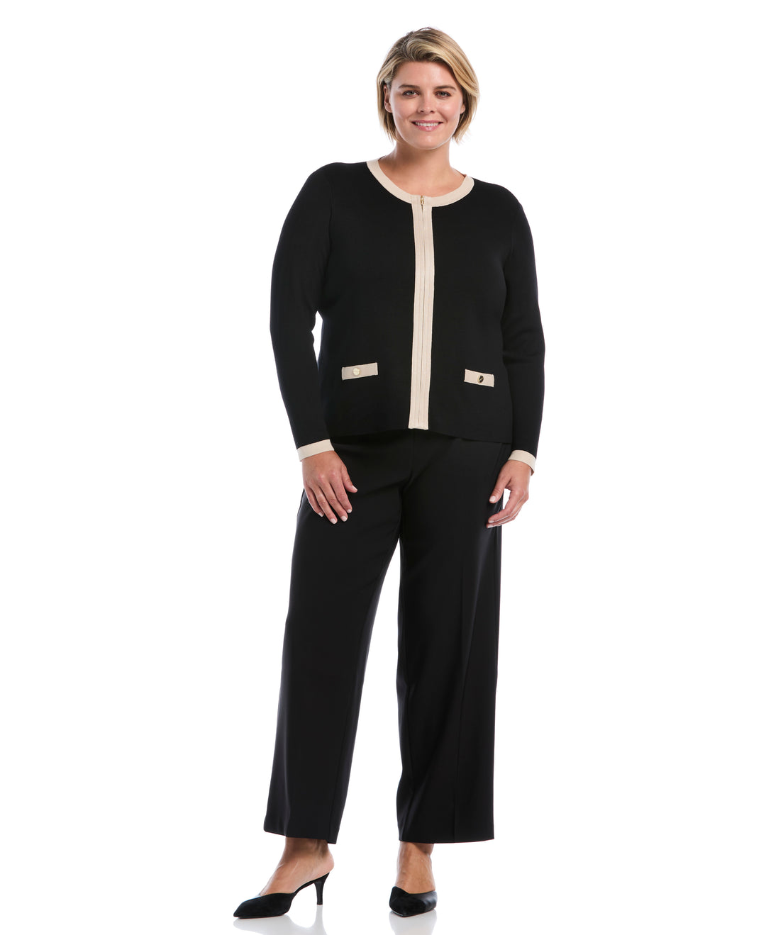 Plus Size Color Block Zip Up Cardigan Sweater (Black) 
