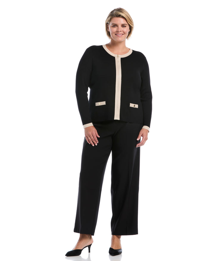 Plus Size Color Block Zip Up Cardigan Sweater (Black) 