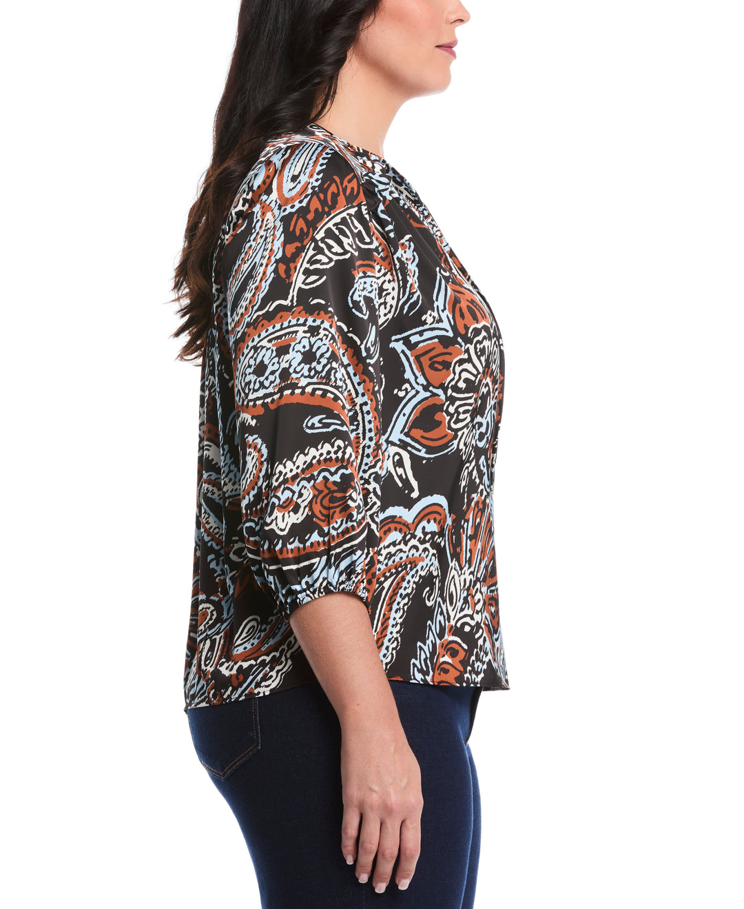 Plus Size Paisley Print Ruffle Puff Sleeve Top (Black) 