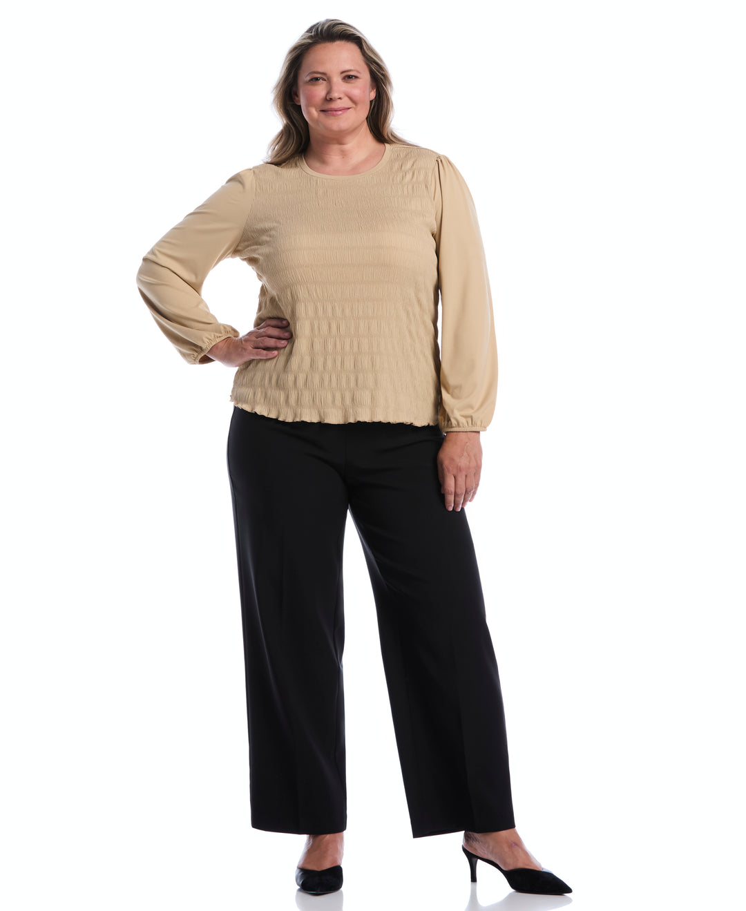 Plus Size Puff Sleeve Crew Neck Top (Oatmeal) 