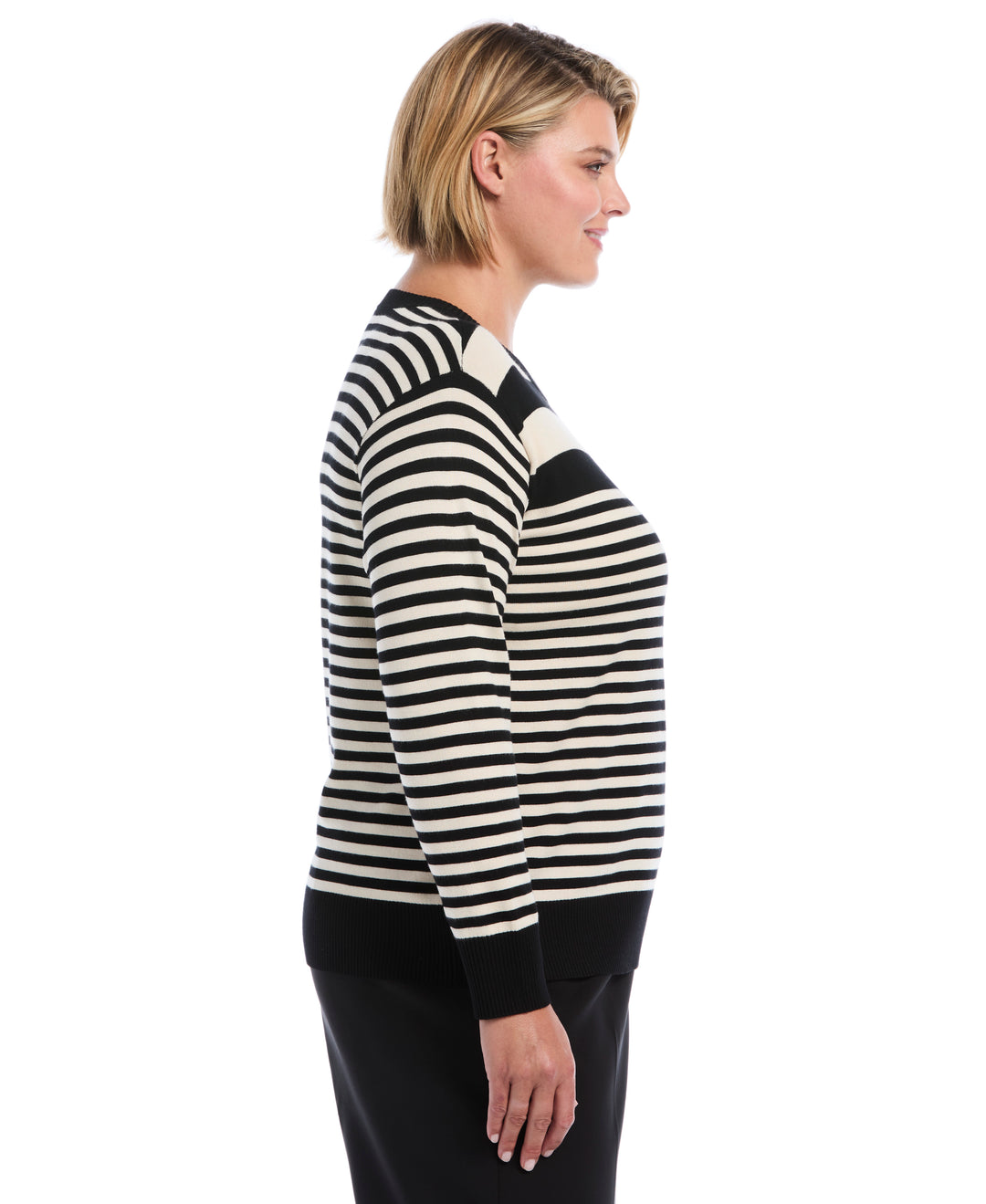 Plus Size Striped Rib Trim Crewneck Sweater (Black) 