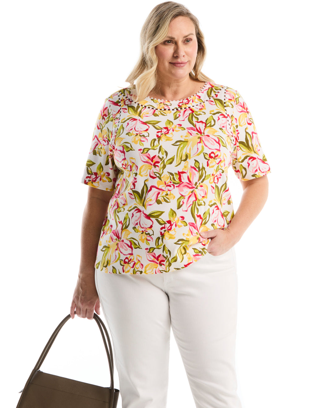Plus Size Petal Print Pom Trim Detail Top (White) 