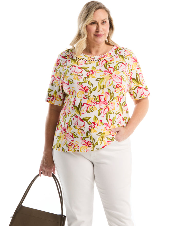 Plus Size Petal Print Pom Trim Detail Top (White) 