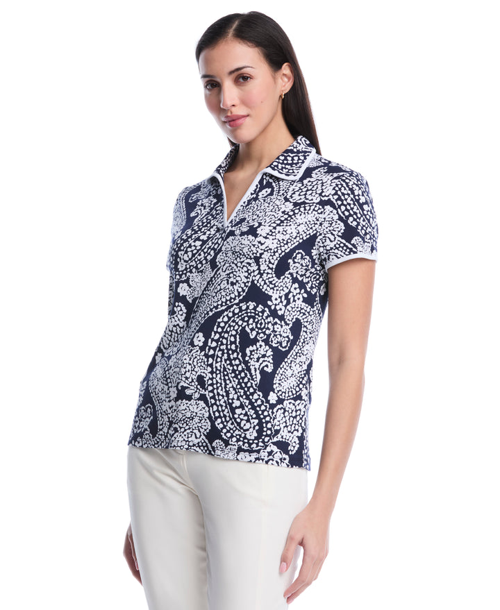 Petite Paisley Print Contrast Trim Johnny Collar Polo (Peacoat) 