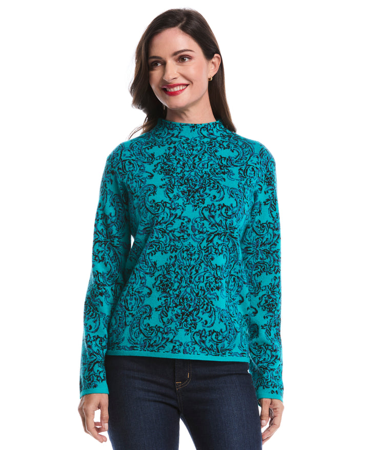 Floral Paisley Print Mock Neck Sweater (Tropical Green) 