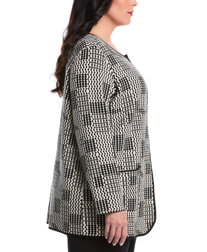 Plus Size Geo Patch Pocket Open Cardigan (Ecru) 