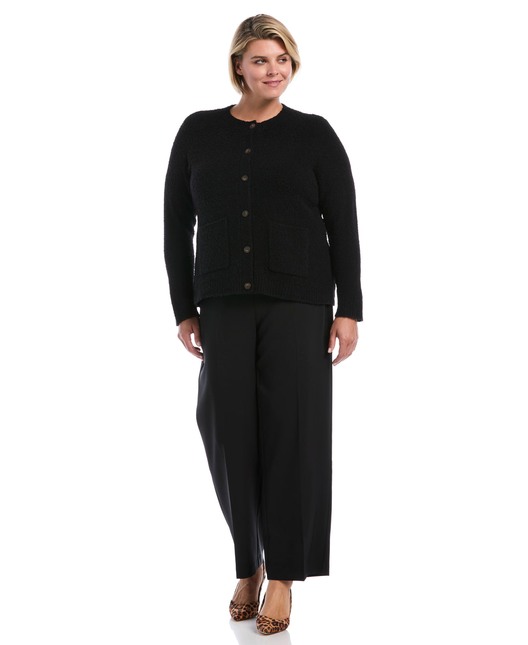 Plus Size Teddy Boucle Patch Pocket Cardigan (Black) 