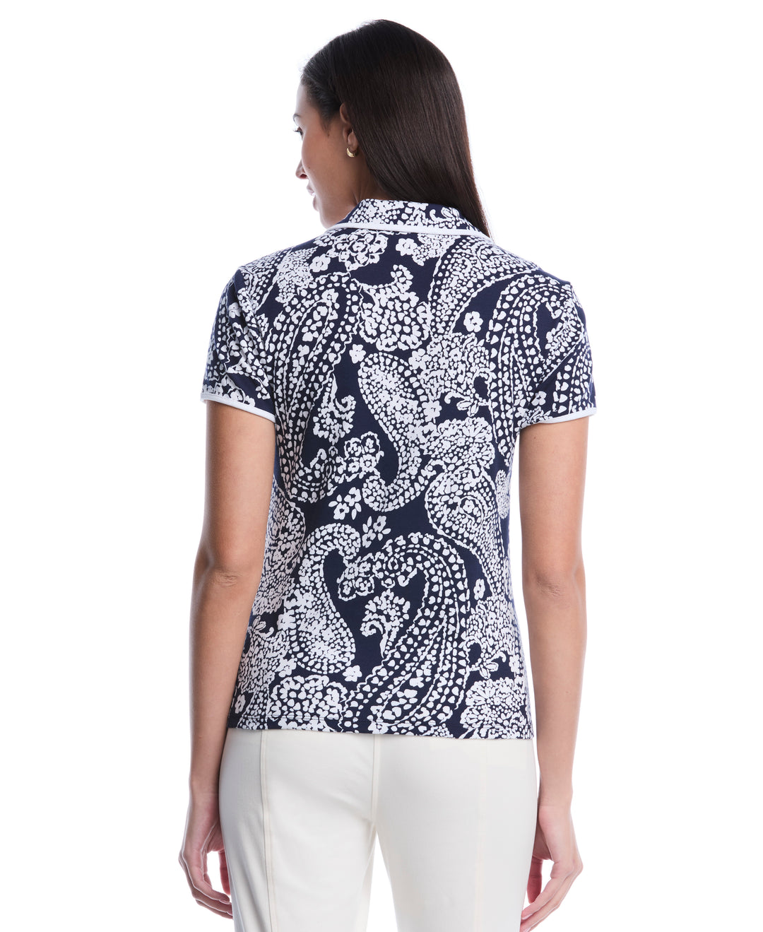Petite Paisley Print Contrast Trim Johnny Collar Polo (Peacoat) 