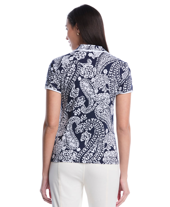 Petite Paisley Print Contrast Trim Johnny Collar Polo (Peacoat) 