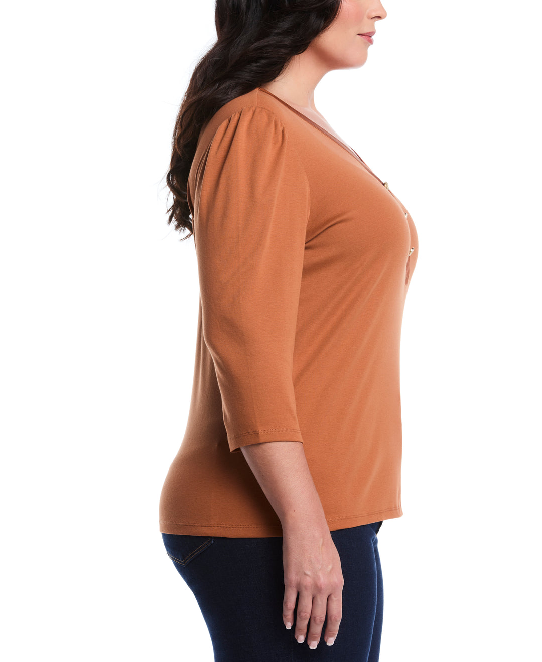 Plus Size 3/4 Puff Sleeve V-Neck Top (Mocha Bisque) 