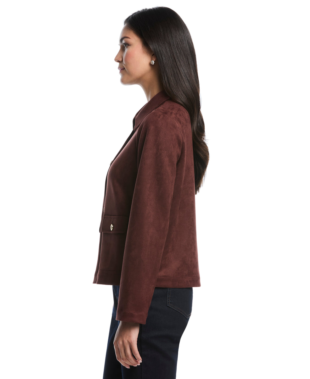 Petite Collarless Patch Pocket Scuba Suede Jacket (Brown Stone) 