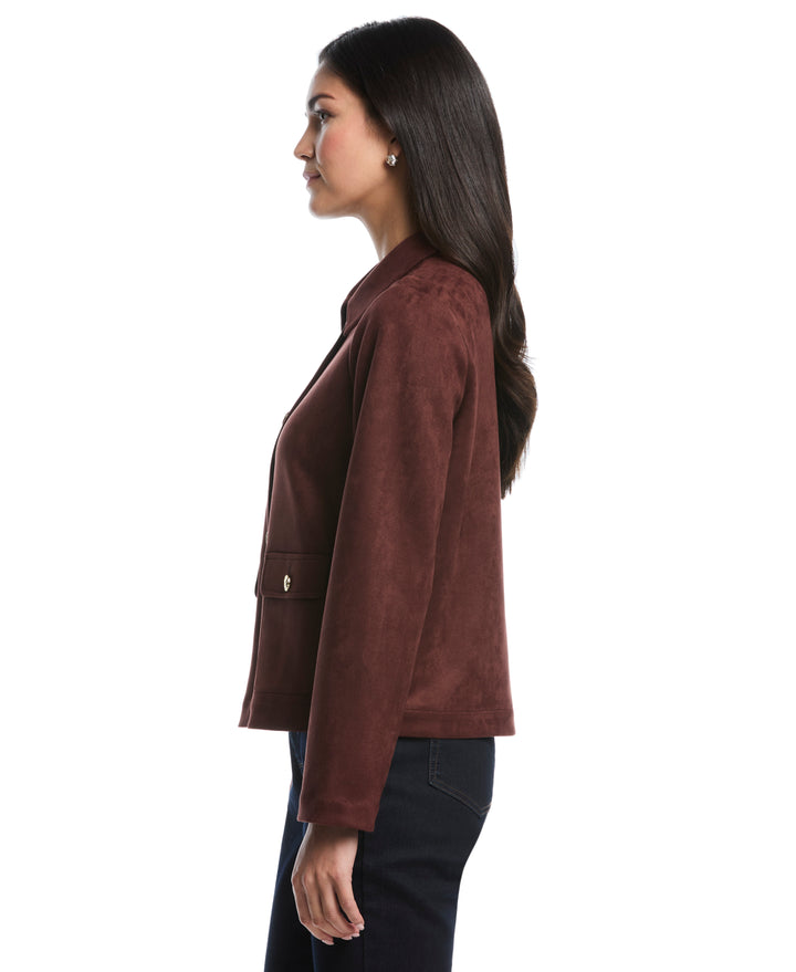 Petite Collarless Patch Pocket Scuba Suede Jacket (Brown Stone) 