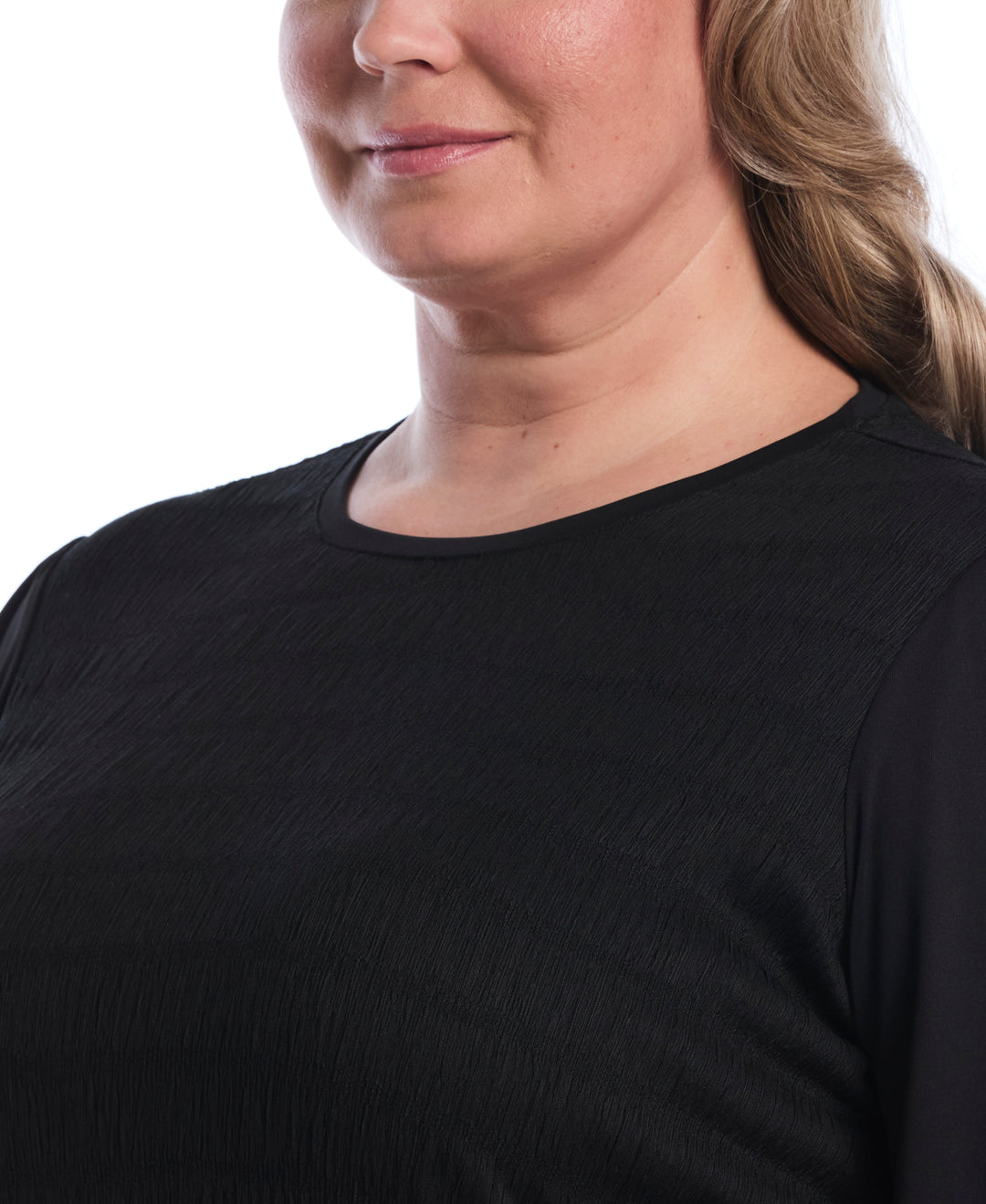 Plus Size Puff Sleeve Crew Neck Top (Black) 