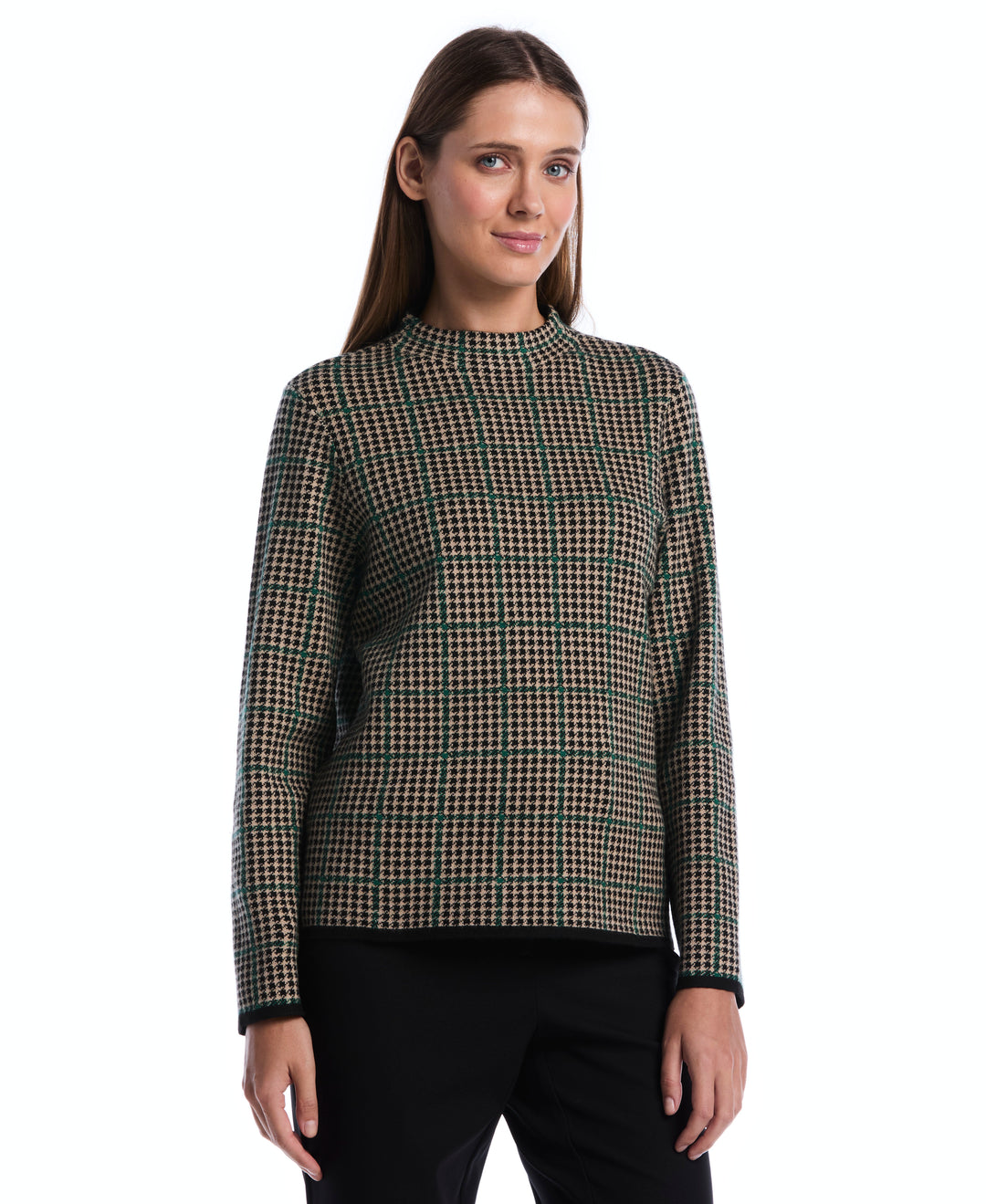 Plaid Print Mock Neck Sweater (Irish Cream) 
