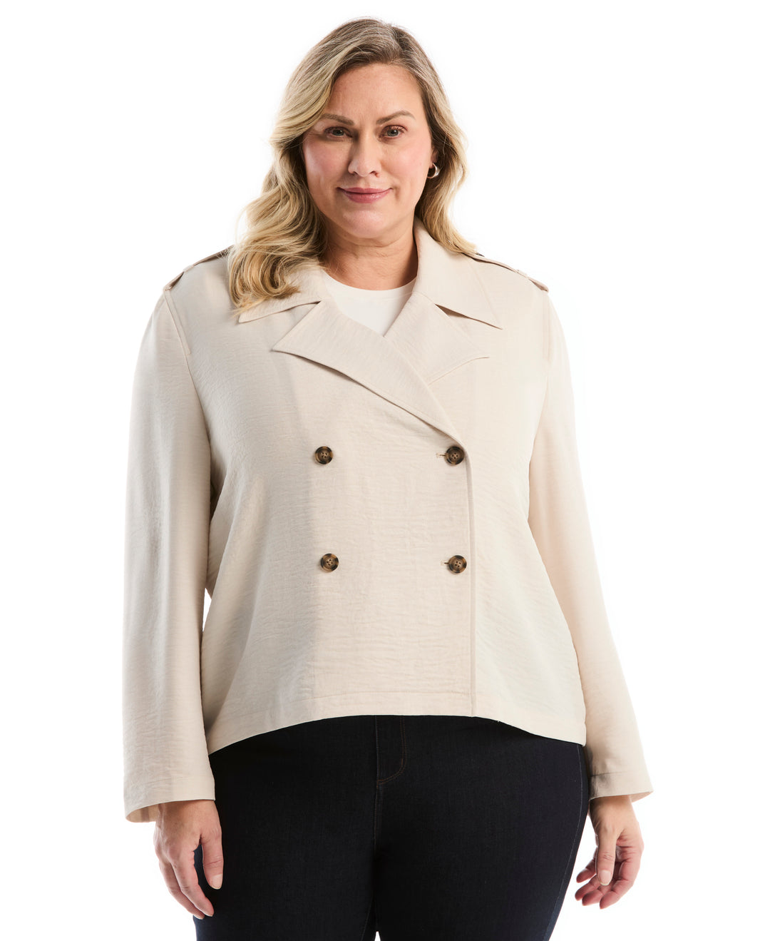 Plus Size Washer Crepe Cropped Trench Coat (Moonbeam) 