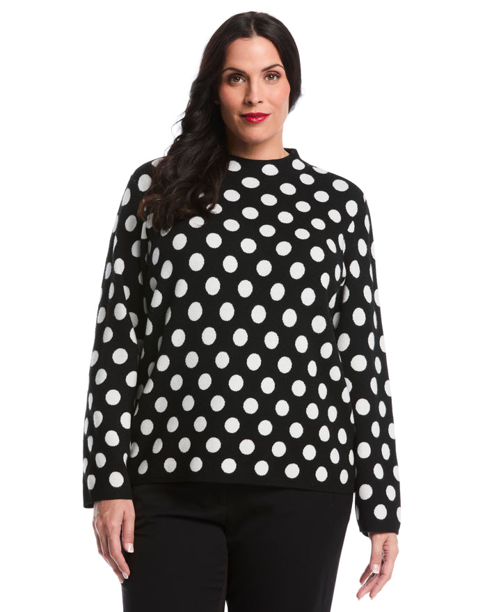 Plus Size Dot Print Mock Neck Sweater (Black) 