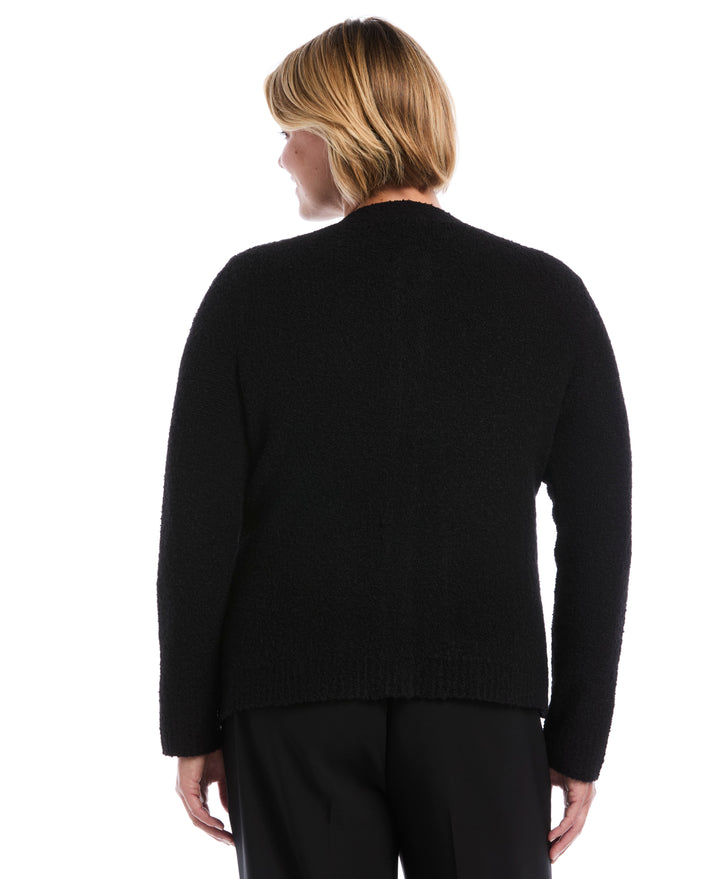 Plus Size Teddy Boucle Patch Pocket Cardigan (Black) 