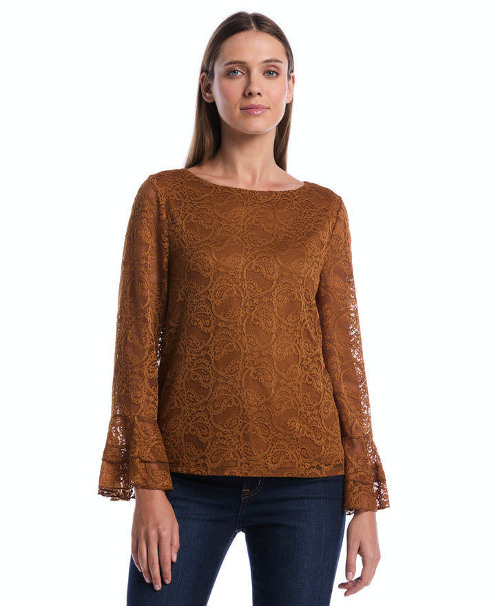 Petite Lace Ruffle Sleeve Boatneck Top (Monks Robe) 